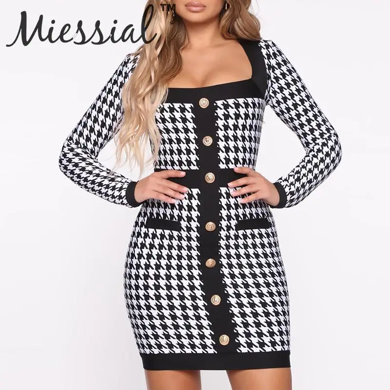 Miessial, черное клетчатое облегающее мини-платье на пуговицах, женское осеннее Клубное сексуальное платье с длинным рукавом, зимнее теплое элегантное вечернее платье