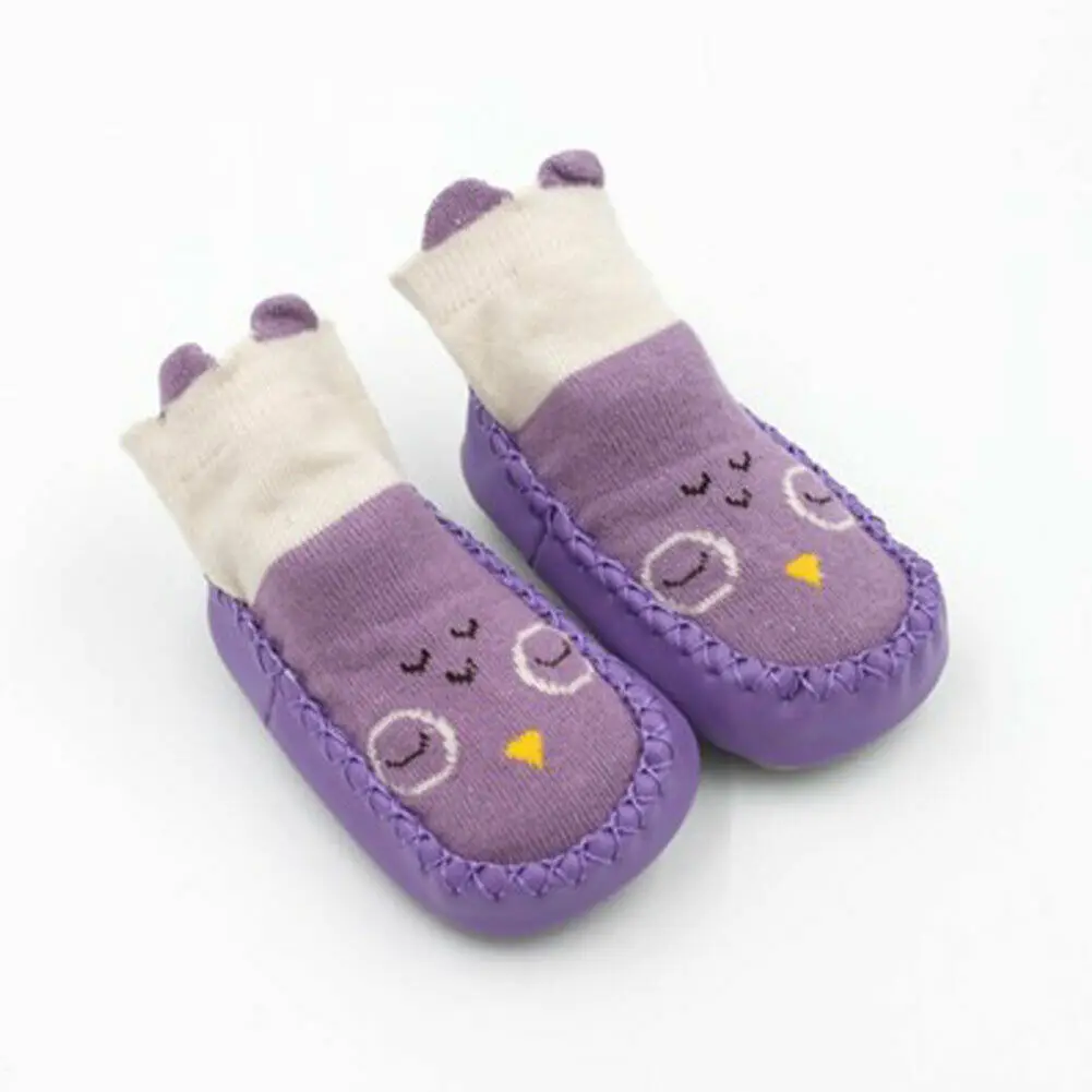 Фиолетовый Baby Cotton Cartoon Socks Kid Toddler Anti-slip Sock Shoes Boot Floor Slippers New Arrival Kawaii Animal print soft sole - Цвет: Фиолетовый