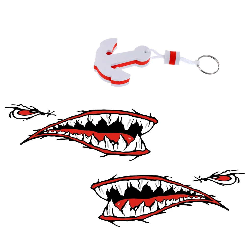 2 Pieces Shark Mouth Teeth PVC Car Yacht Boat Decal Sticker Decor + White Anchor Floating Key Chain Key Ring