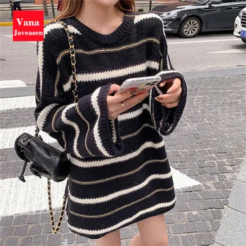 

One Size Loose Knitted Pullover Women Sweater Striped Overize Flared Long Sleeve Knit-Dress Sweater for Women Clothing Autumn