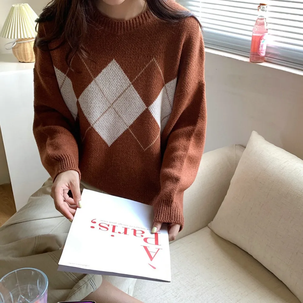 Women Korean Autumn Winter Long Sleeve O-neck Classic Argyle Sweater Knitted Warm Casual Pullovers Back To The Basics Jumper Top long sweater