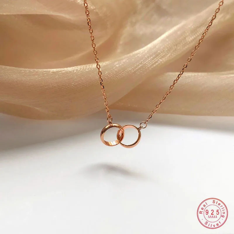 

925 Sterling Silver Simple Interlocking Circle Pendant Clavicle Chain Necklace Women Glamorous Temperament Goddess Jewelry Gift