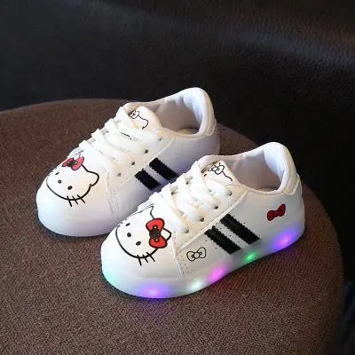 Детские светящиеся кроссовки, обувь для мальчиков и девочек, кроссовки со светодиодной подсветкой для маленьких мальчиков, Tigra, детская обувь с рисунком котенка, JM39 - Цвет: Белый