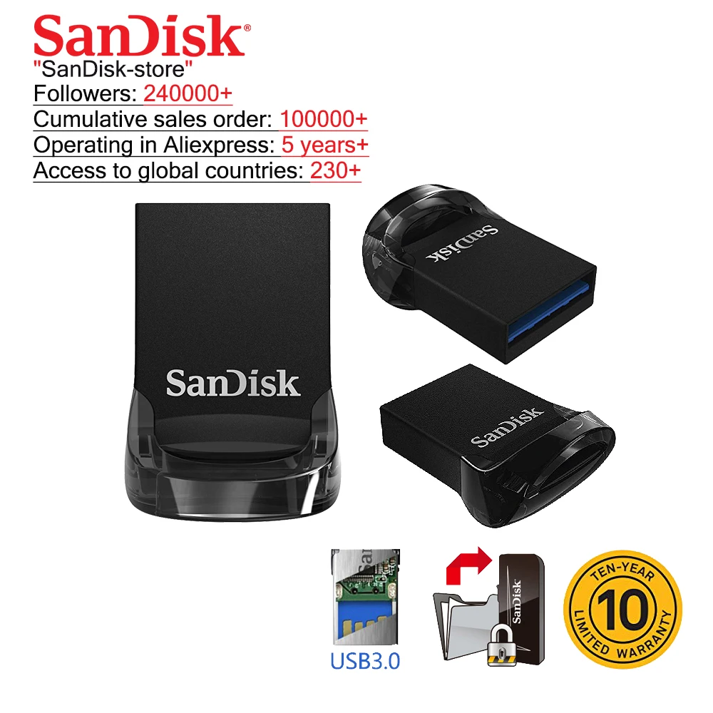 Двойной Флеш-накопитель SanDisk FIT USB 3,0 3,1 в коробке sub Флеш накопитель 16 Гб оперативной памяти, 32 Гб встроенной памяти, 64 ГБ 128 150 МБ/с. Bultra