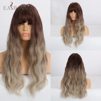 

EASIHAIR Long Wavy Brown to Beige Ombre Hair Wigs With Bangs Heat Resistant Synthetic Wigs for Women Afro Cosplay Party Wigs