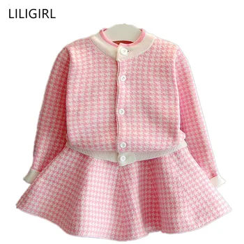 

Baby Girls Clothes Sets Children Knitted Long Sleeve Cardigan Sweaters And Short Lattice Skirt Spring Warm Kis Clothing Suit