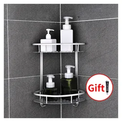 clown Space Aluminum Bathroom Shelf No Punching Shower Caddy Sheves Kitchen Storage Basket Adhesive Suction Corner Shelves