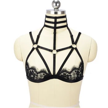 

Sexy Harness Body Accessories Black Belt Elastic Cupless Cage Bra for Women