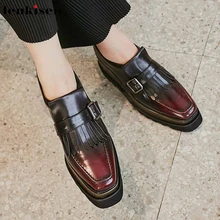Lenkisen классический бахромой натуральная кожа с квадратным носком Обувь на высоком каблуке на толстой подошве, водонепроницаемые с ремешком и пряжкой; женская обувь; туфли с подошвой из вулканизированной резины L33