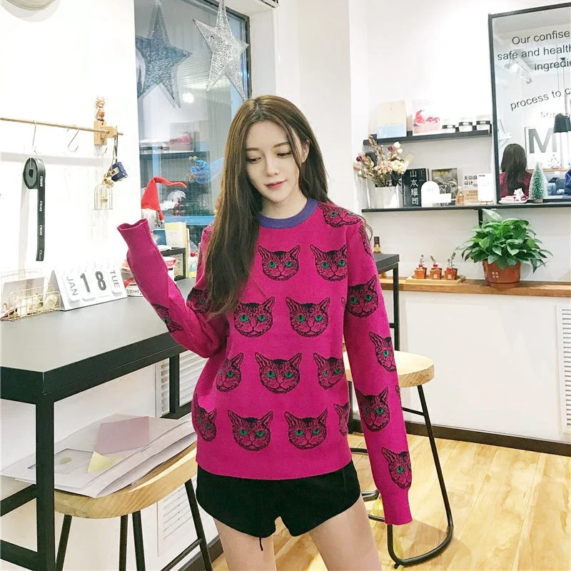 Сетчатый красный женский свитер, новинка, осенняя и зимняя приталенная трикотажная одежда, корейская мода, иностранный воздушный Свободный Топ с котом