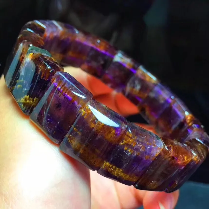 

Top Natural Gold Purple Cacoxenite Rutilated Bracelet For Woman Man Crystal 16x10mm Rectangle Beads Stretch Stone Jewelry AAAAAA