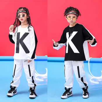 

Kid Cool Hip Hop Clothing Black White Sweatshirt Tops Running Casual Pants Girl Boy performance Jazz Dance Costume Clothes Wear