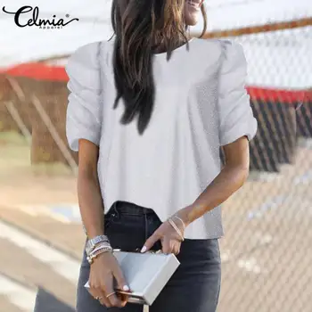 

Celmia Women Summer Blouses Ladies Fashion Solid Silver Tunic Shirts Plus Size Streetwear Tops Elegant Puff Sleeve Blusas S-5XL