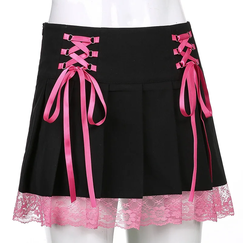 Jupe Goth Dentelle Sombre Patchwork Gothique Mini Jupes E Fille Y2k jupe-goth-dentelle-sombre-patchwork-gothique-mini-jupes-e-fille-y2k