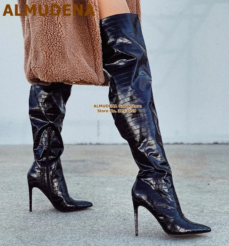 

ALMUDENA Black Crocodile Pattern Over-the-knee Boots Stiletto Heels Pointed Toe Thigh High Boots Snakeksin Zipped Tall Boots