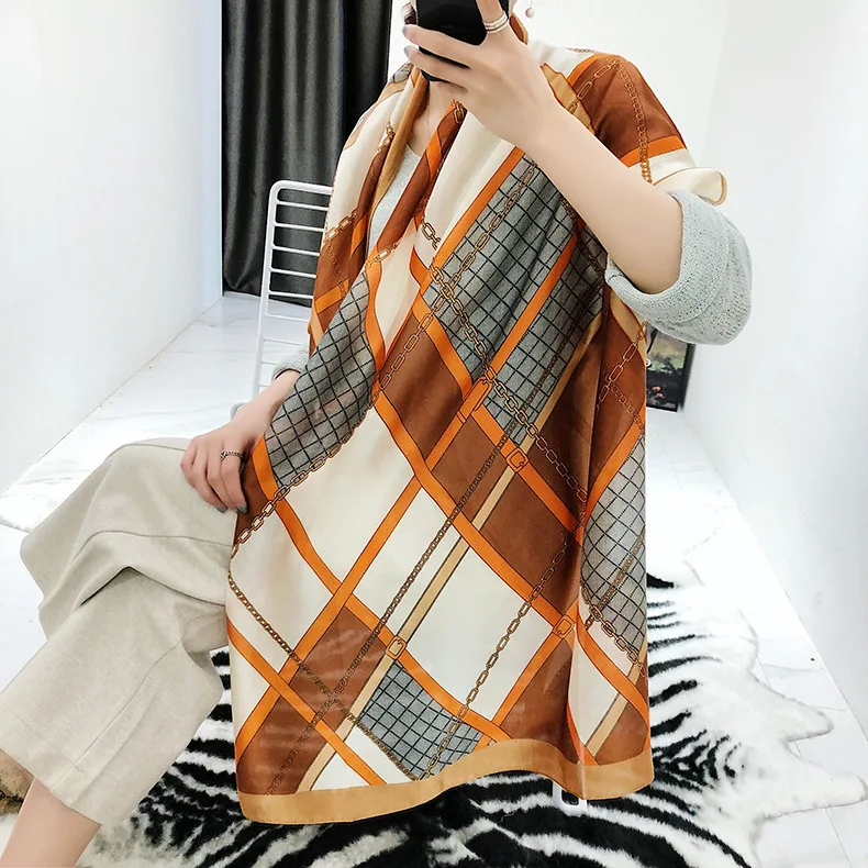 

NEW Euro spring summer chain plaid printed long silk-like scarf Shawls for women travel Beach Blanket Pashmina scarf dresses