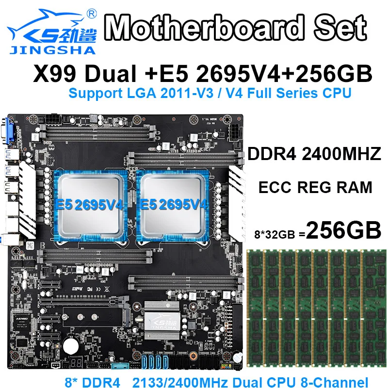 JINGSHA X99 двойная материнская плата с Xeon E5 2695V4 LGA2011-3 CPU 8*8 ГБ = 64 Гб 2400 МГц DDR4 память ECC Reg JINGSHA X99 двойная материнская плата с Xeon E5 2695V4 LGA2011-3 CPU 8*8 ГБ = 64 Гб 2400 МГц DDR4 память ECC Reg