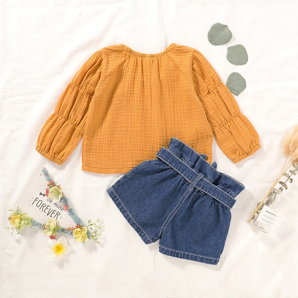 LOOZYKIT 2pcs Baby Girls Sets Children Clothes Long Sleeve Solid Cotton Linen Tops Denim Shorts Summer Toddler Girls Outfits Set