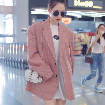 

Suit coat woman 2019 fall new pink plaid oversize loose suit woman