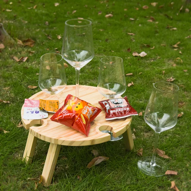 Portable Wooden Picnic Table Carry Handle Outdoor Folding Wine Table Removable Wine Glass Holder Folding Table Fruit Snack Tray 1 PC 24x15cm
