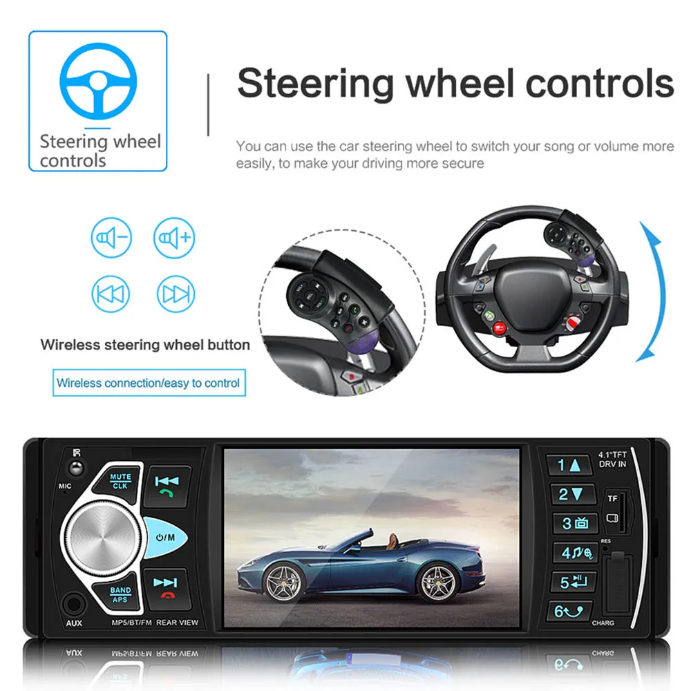 Автомобильная аудиосистема, Bluetooth, громкая связь, автомагнитола, 4,1 дюймов, HD, большой экран, USB/AUX, рулевое колесо, управление воспроизведением видео, Авторадио, новинка