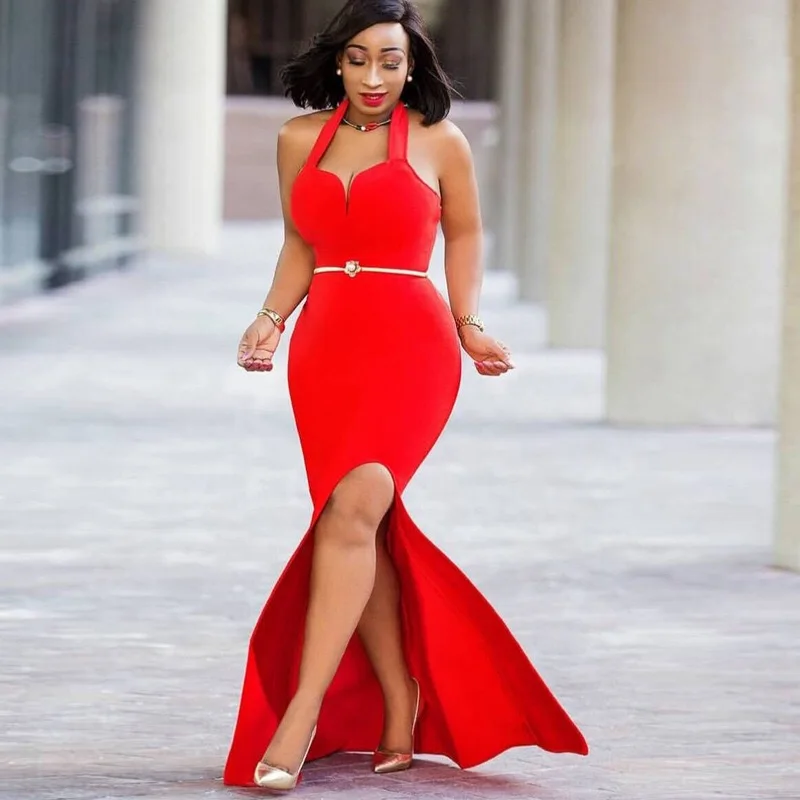

Sexy Red Dresses Party Evening Wedding Vestidos Halter Backless Floor Length High Split Sheath 2020 Summer Red Dresses Party New