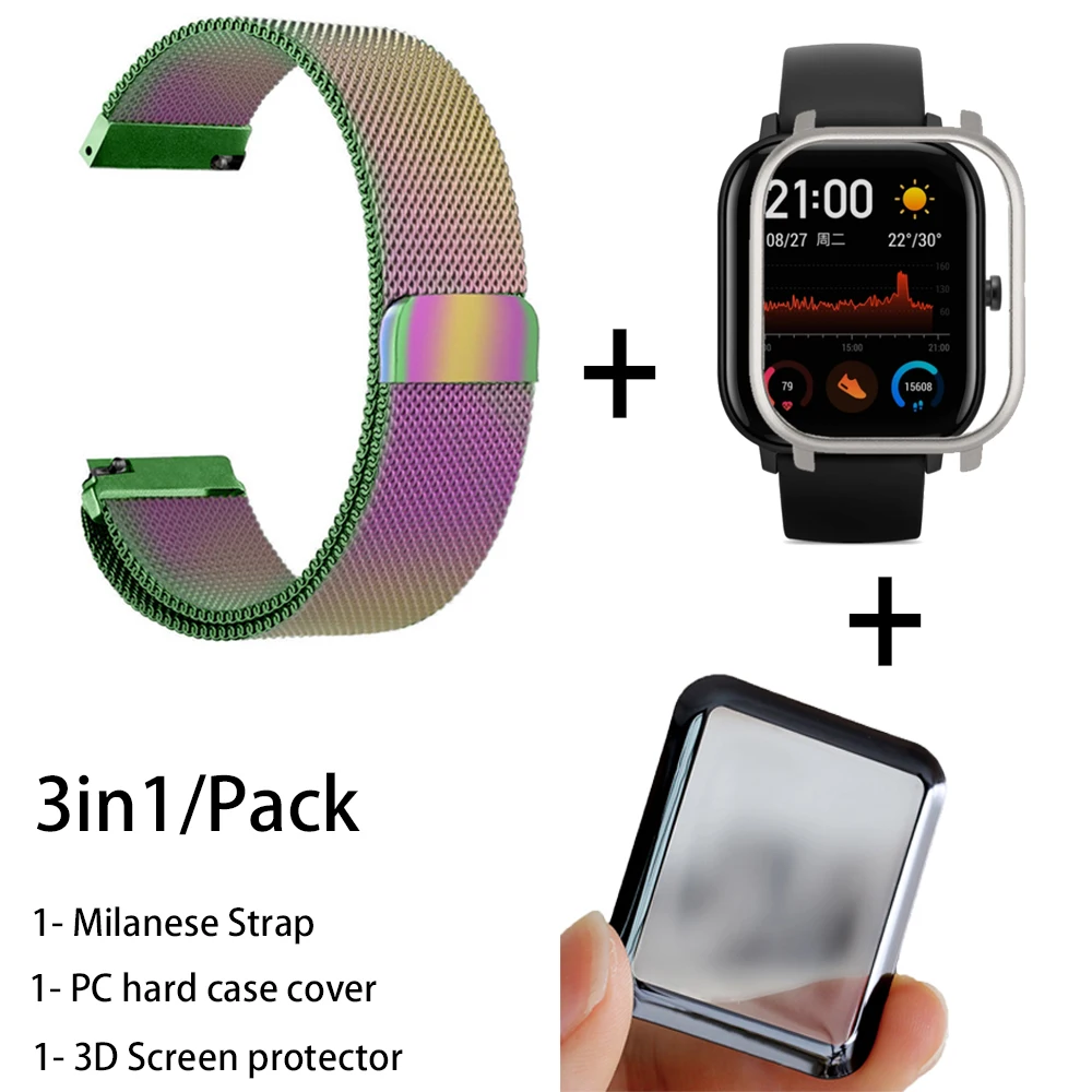 colorful-silver 3в1 наручный ремешок для Amazfit GTS PC чехол металлический Миланский Браслет для Huami Amazfit gts ремешок для 3D экрана Защитная пленка - Цвет: colorful-silver
