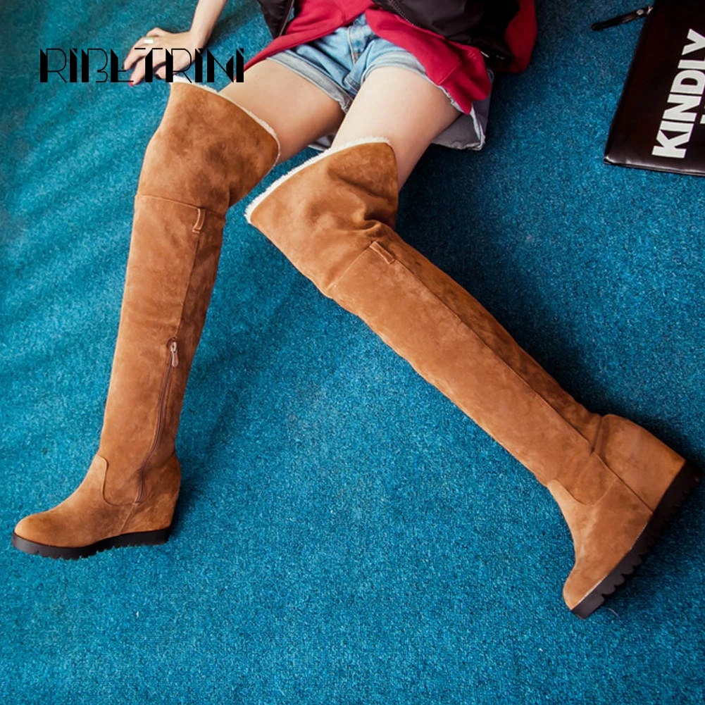 

RIBETRINI Over The Knee Boots Women Hidden Wedge Heels Round Toe Platform Fur Shoes Woman Back Lace Up Warm Snow Boots Big Size