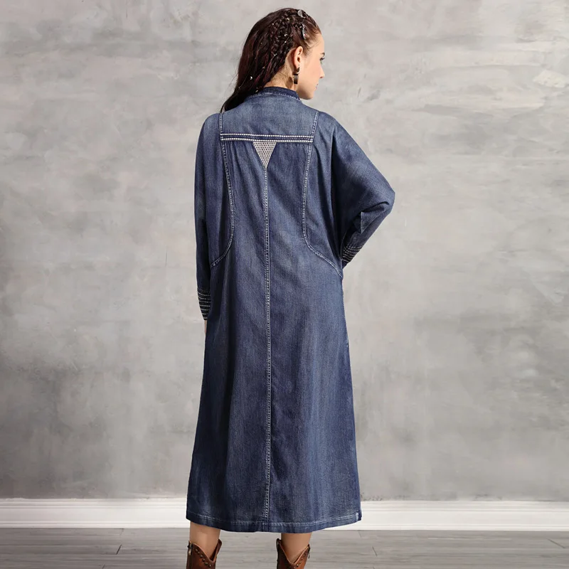 

Origional Brand WOMEN'S Dress 2019 Autumn And Winter New Style Denim Windbreaker Vintage V-neck Embroidered Middle Long Coat B92