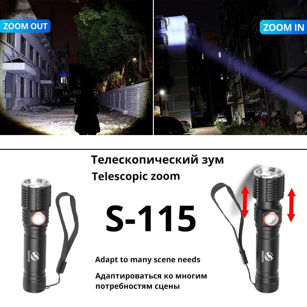 Супер яркий XP-L V6 светодиодный фонарик с сенсорной кнопкой водонепроницаемый фонарь 3 режима освещения телескопический зум кемпинг свет S115