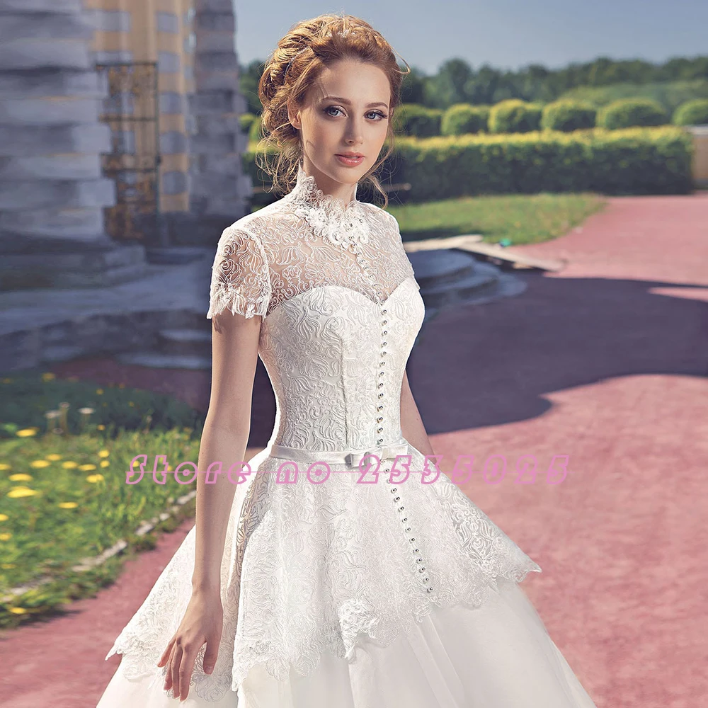 Robe De Mariee, свадебные платья с коротким рукавом, открытая спина, бант, жемчуг, кружево, тюль, а-силуэт, платья принцесс, Abito Da Sposa