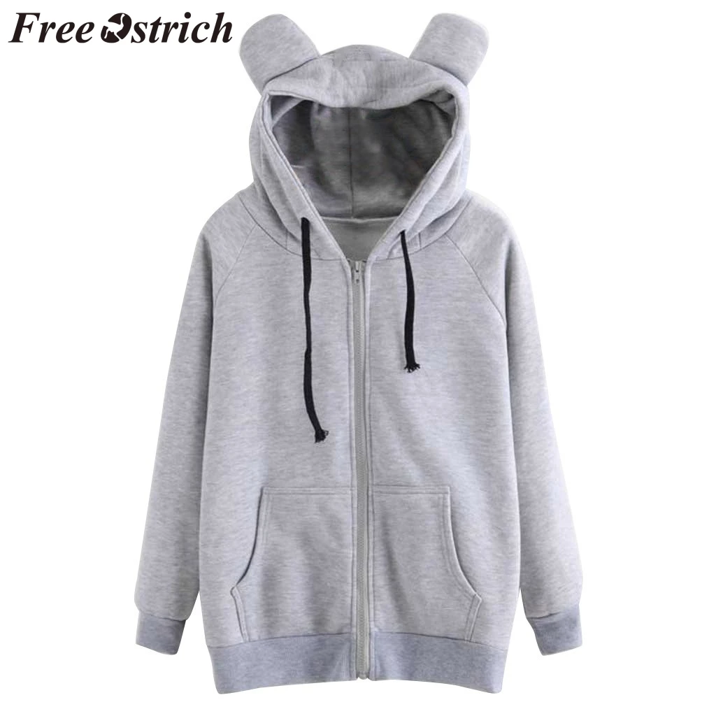 

FREE OSTRICH sweater Women Cat Ear Zip Pocket Solid Hood Long Sleeve O-Neck Valuable Autumn Woman Sweater Pullovers