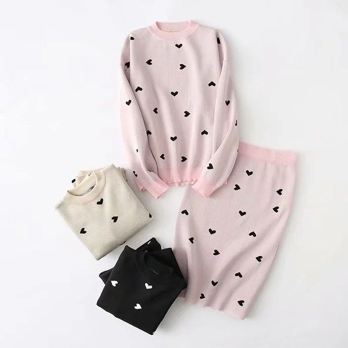 korea chic heart pattern knitted suit women skirt set autumn winter knitted suit 2 piece set sweet top and skirt