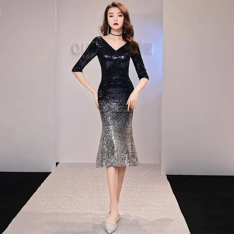 Длинный рукав труба Normcore Qipao Холтер плотный сексуальный женский Cheongsam Градиент блестками Новинка Формальное китайское платье Vestidso - Цвет: Silver D