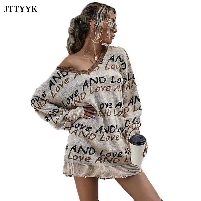 

Autumn V-neck Loose Pullover Sweater Women's Long-sleeved Letter Pattern Off-shoulder Casual Knit Women's Winter Bottoming Tops