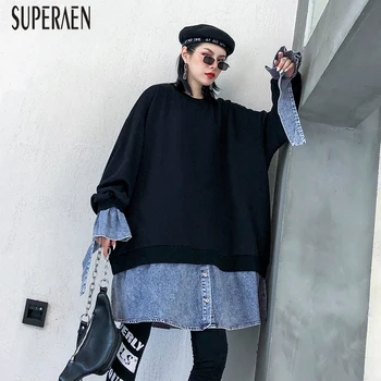 

SuperAen Denim Stitching Hoody Wild Women's Sweatshirts Pluz Size 2019 New Autumn and Winter Long-sleeved Sweatshirts Female