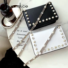 Real Genuine Leather Pearl Rhinestone Crystal Chain Small Flap Handbags Crossbody Messenger Shoulder Bags Women Female
