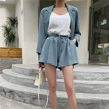 

Chic Stylish Summer Streetwear OL Casual Shirt+ Elastic Waist Wide Leg Shorts Suits 2 Piece Sets Hot Women Solid Office Lady