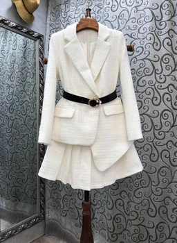 

2020 Early Autumn New Women's Lapel Buckle Belt Waist Hugging Long-Sleeved Suit + Pleated Overskirt set 903
