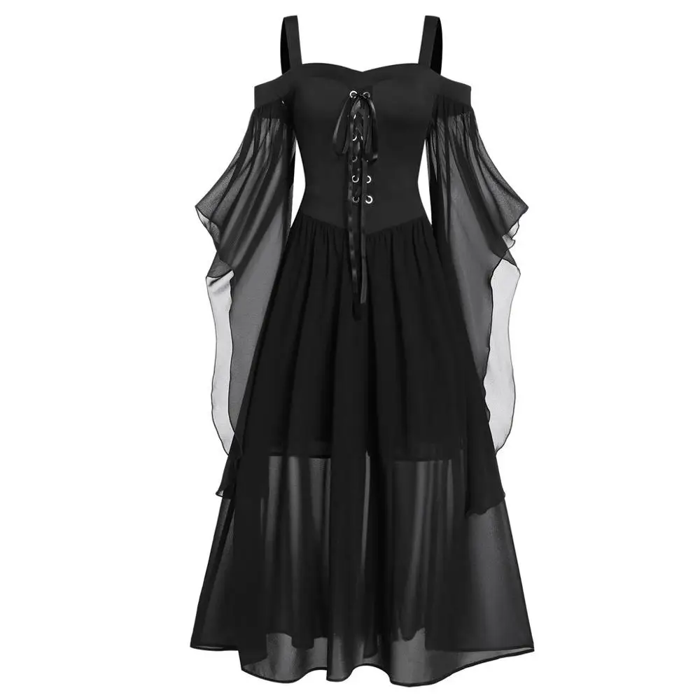 Платья больших размеров для женщин 4xl 5xl винтажное однотонное платье с открытыми плечами и рукавом-бабочкой на шнуровке для Хэллоуина осенний бандаж - Цвет: Black