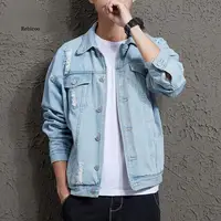 Buy 2021 Autumn Solid Casual Slim Men Denim Jacket Bomber Jacket Men Tearing Hole Cowboy Men Jean Jacket Hombre Online - Image 2