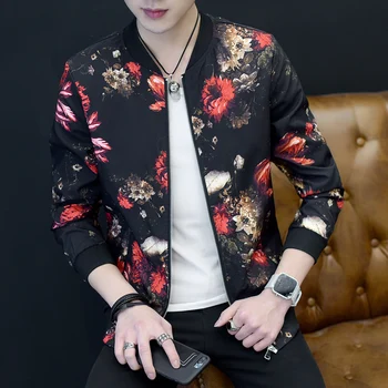 

Spring Autumn Bomber Jacket Men Floral Printed Fashion Slim Fit Mens Casual Jackets Long Sleeve Mens Windbreaker Coat Male