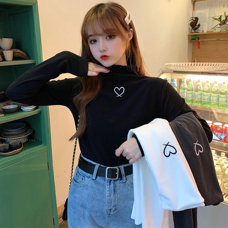 Shein-Camiseta manga larga cuello semialto para mujer, ropa holgada bordada, abrigo verde para chica, camisa de manga larga para mujer 2019 - AliExpress Ropa de