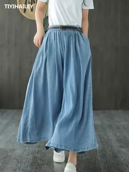 

TIYIHAILEY Free Shipping 2020 New Thin Fashion Jeans Pants Women Wide Leg Trousers Plus Size Summer Elastic Waist Jeans Blue