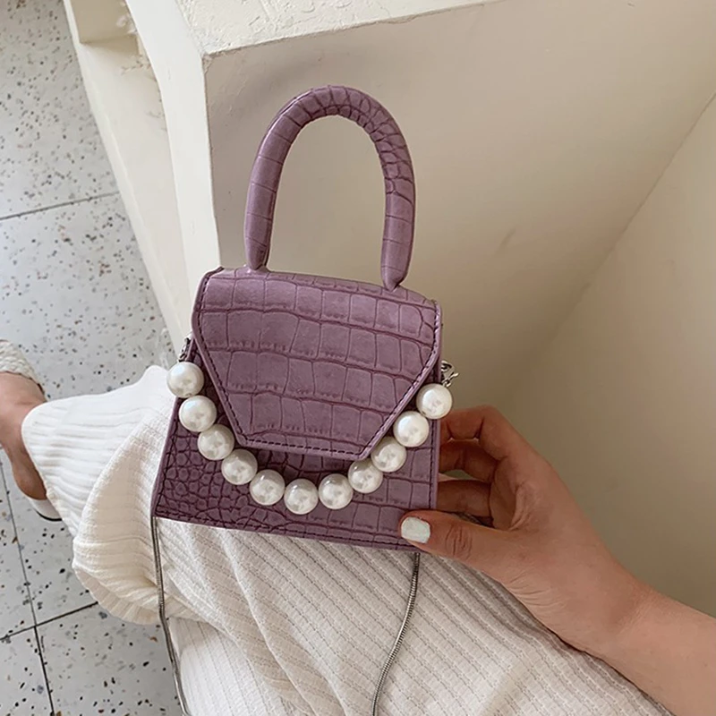 

Pearl Handle Super Mini Design PU Leather Handbag Shoulder Bags For Women 2020 New Crossbody Bag Travel Handbags Stone Pattern