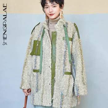 

SHENGPALAE 2020 Winter New Design Women's Woolen Jacket Color Matching Collar Drawstring Large Size Long Sleeve Warm Coat ZT1279