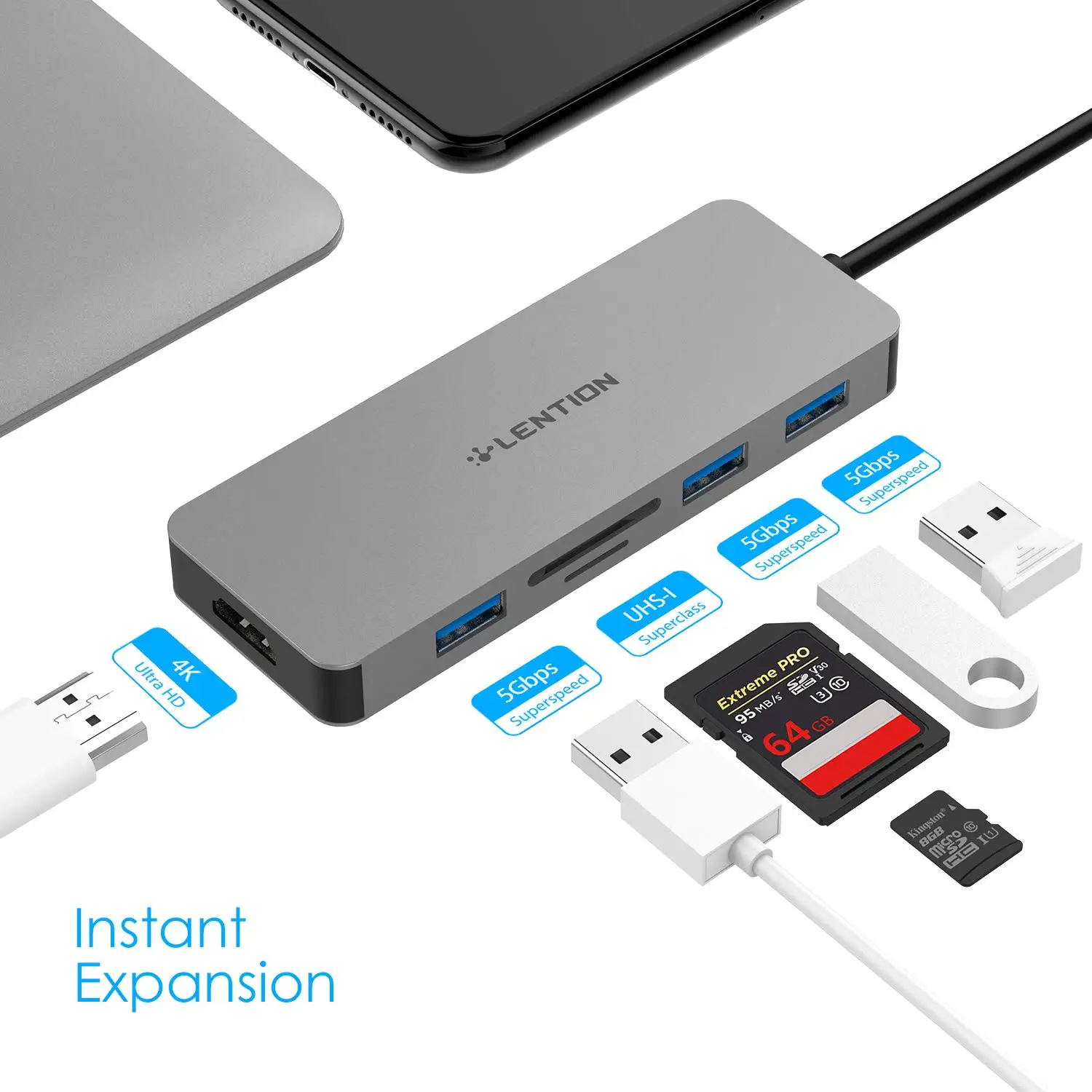 USB C концентратор с 4K HDMI, 3 USB 3,0, SD/TF карт ридеры для MacBook Pro 13/15, Mac Air, Surface Book 2/Go, Chromebook