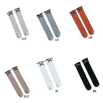 

Newborn Baby Girls Solid Color Cable Knit Knee High Cotton Socks Loose Ruffles Cuff Bowknot Decor Breathable Tube Stocks