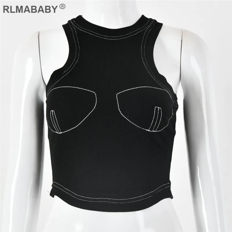 RLMABABY повседневная майка с вышивкой, тонкий круглый вырез без рукавов, с открытой спиной, сексуальное хлопковый топ на бретельках, ребристые женские топы - Color: Black