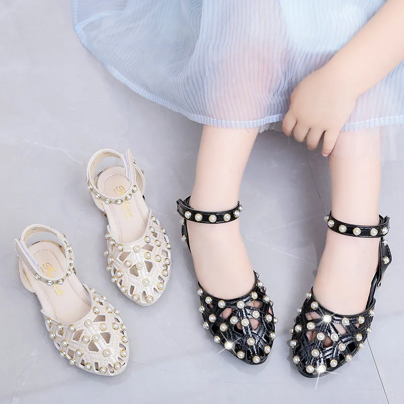 Girls Sandals 2020 Summer New Small High-heeled Children Kids Soft Bottom Hollow Pearl Student Princess Banquet Dance Show Shoes | Детская